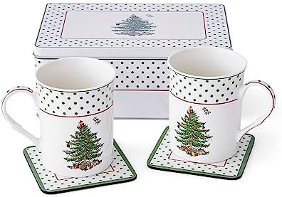Spode Christmas Tree Polka Dot Mug & Coaster Set with Tin Box (5-Piece Set) - Festive Holiday Gift Set for Tea Lovers - Elegant Porcelain Mugs & Cork-Backed Coasters - Dishwasher & Microwave Safe