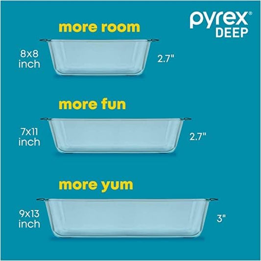 Pyrex Deep Glass Baking Dish with Plastic Lid, Deep Casserole Dish, Glass Food Container, Oven, Freezer and Microwave Safe, Clear Container, 7x11