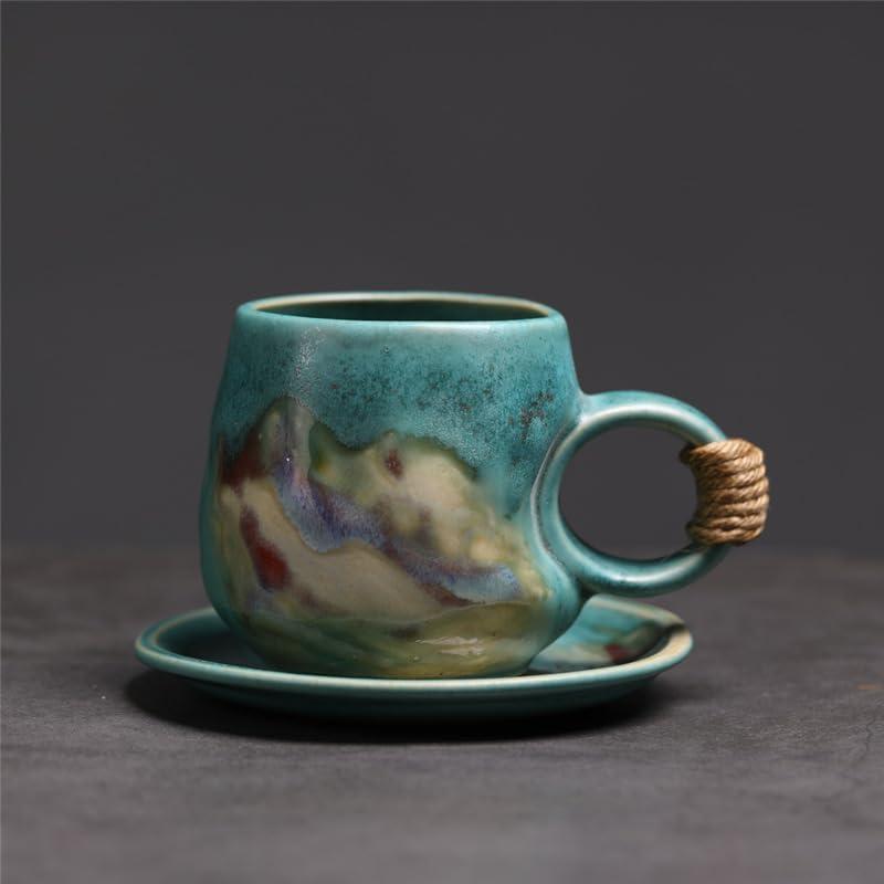 10oz Unique Vintage Retro Japanese Handmade Ceramic Cappuccino Barista Cup with Saucer – Artisanal Stoneware Coffee Mug, Lead-Free Latte Art Mug，Handmade Pottery tea mug or tea cup (1, Green)