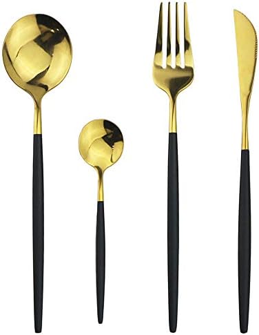 24-Piece Flatware Set, 18/0 Stainless Steel Knife Fork Spoon Teaspoon Silverware Set, Service for 6, Black Handle Gold