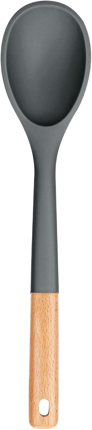 Large Silicone Cooking Spoons, Nonstick Solid Wooden Handle Spoon, Heat Resistan Silicone Kitchen Spoons for Cooking, Serving, Basting, Mixing, 13.2inch (Grey)