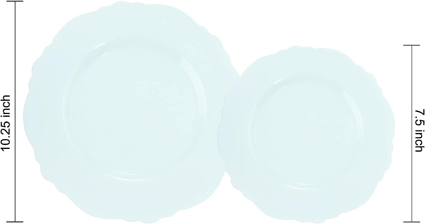 WDF 60pcs Mint Green Plastic Plates - Baroque Dinner Plates Including 30 Green Plates Disposable10.25inch, 30 Dessert Plates 7.5inch for Upscale Wedding, Parties