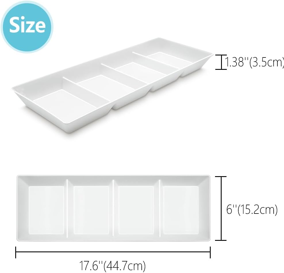 Divided Serving Tray Platter, 2 Pack 17.6" x 6" Fruit Veggie Food Tray for Party, Plastic Serving Trays for Appetizer, Snack, Dessert, Cookie, Brunch Decorations Platters, White Trays BPA-Free