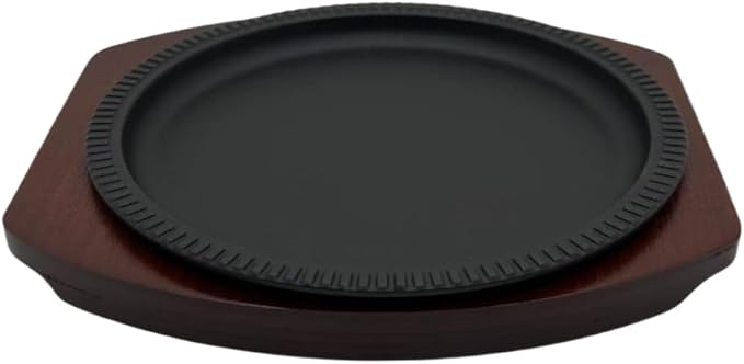 Steak Pan Sizzle Griddle, Cast Iron Steak Plate, Grill Pan with Wooden Base