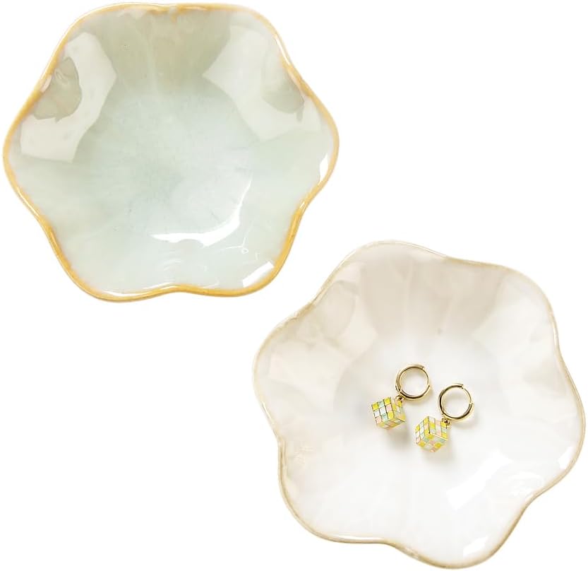 2PCS Lotus Leaf Shape Ring Holder Dish, Small Key Bowl, Ceramic Trinket Tray Jewelry Dish Organizing Necklace Earrings for Mom Friend Sister, All Jewelries Are NOT Included.White+Light Green.