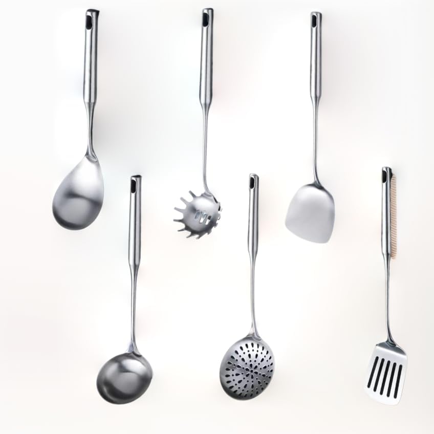 316 Stainless Steel Cooking Tool Set: saute pan spatula ladle, skimmer slotted, pasta, serving spoon, slotted spatula seasoner, dishwasher safe.
