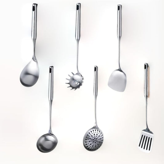 316 Stainless Steel Cooking Tool Set: saute pan spatula ladle, skimmer slotted, pasta, serving spoon, slotted spatula seasoner, dishwasher safe.