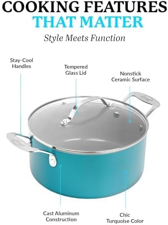 GOTHAM STEEL Nonstick Multipurpose 5 Quart Stock Pot with Glass Lid, Aqua Blue Ceramic Pot for Cooking, Non Stick Pots/Soup Pot with Lid, Nonstick Pot, Ollas, Oven and Dishwasher Safe, Non-Toxic