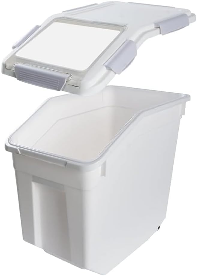 Large Flour Storage Container 25lb, 2 Pack BPA FREE Plastic Airtight Rice Storage Bin Pantry and Kitchen Food Organization, Barrel Measuring Cup and Airtight Lid for Sugar [Grey ]