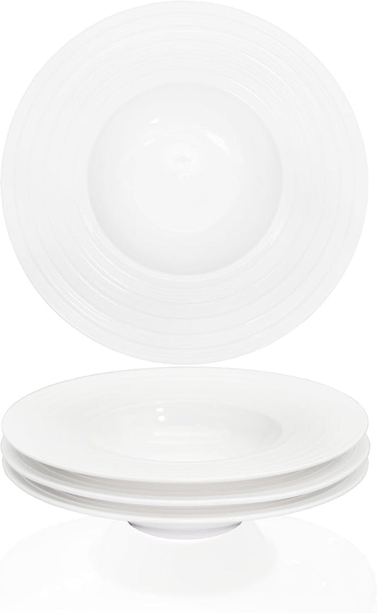 Ceramic Wide Rimmed Soup Plate, Soup Bowl 12 oz, Pasta Bowl Set of 4, White Shallow Bowl Plate with Rim, Best choice for high-end restaurants, hotels, and foodies,11.4 Inch Coil relief
