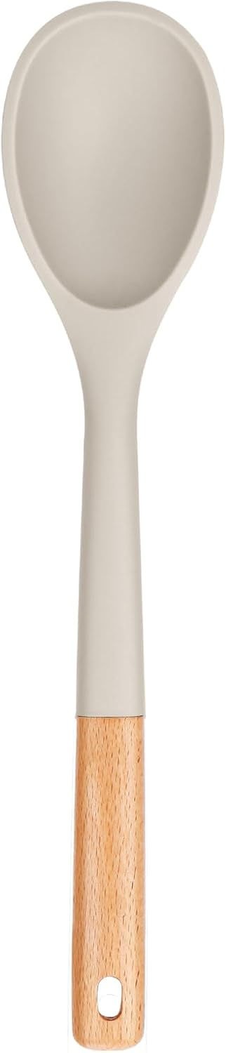 Large Silicone Cooking Spoons, Nonstick Solid Wooden Handle Spoon, Heat Resistan Silicone Kitchen Spoons for Cooking, Serving, Basting, Mixing, 13.2inch (Khaki)