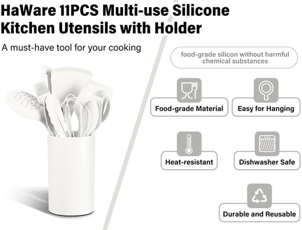 HaWare 11 PCS Silicone Cooking Utensils Set, Heat Resistant Kitchen Utensils with Holder, Food-grade Spatula Sets for Nonstick Cookware, Kitchen Tools Gadgets Include Fish Turner, Spoon (White)