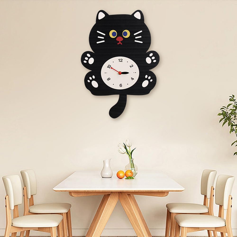 FASHION in THE CITY Cute Cat Pattern Tail Swing Wall Clock - Pendulum Design for Kids' Room, Living Room, Bedroom - Decorative & Quiet Analog Clock for Home Decoration(YBZ001-Black)