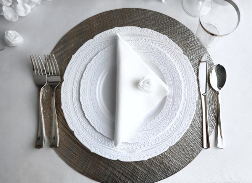 " OCCASIONS " 960pcs set (120 Guests)-Extra Heavyweight Vintage Wedding Disposable/Reusable Plastic Plates (120 x 11''+ 120x8.25'')+Silverware+12oz Cups+Napkins (Chateau Collection White)