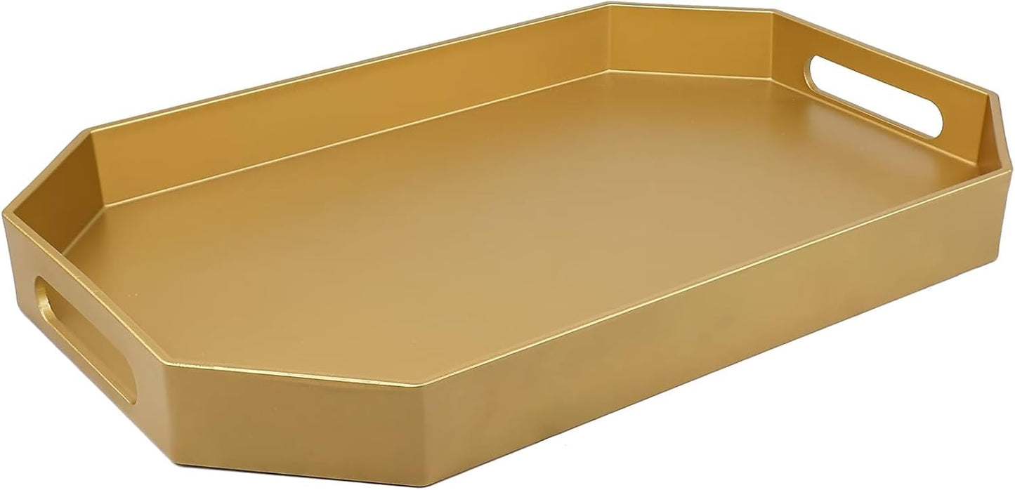 Gold Octagonal Serving Tray with Handles for Coffee Table, Plastic Decorative Tray for Ottoman, Kitchen Counter, Living Room, Outdoor Lacquer Tray for Entertaining
