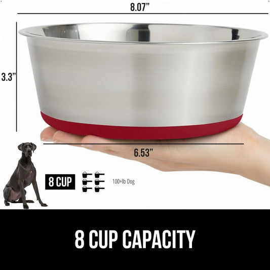 GORILLA GRIP Set of 2 Dog Bowls, Holds 8 Cups (64 fl oz), Heavy Duty Metal Food and Water Bowl for Feeding Dogs and Cats, Dishwasher Safe, Rust Resistant Stainless Steel, BPA Free Rubber Base, Red