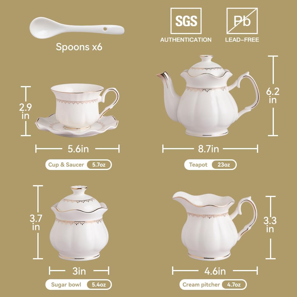 Sweejar 21 Pieces Porcelain Tea Set, Vintage Gold Trimmed Teapot Cup and Saucer Set, Tea Cup for Loose Tea, Sugar Bowl and Creamer Pitcher with Spoons, Service for 6(Elegant White)