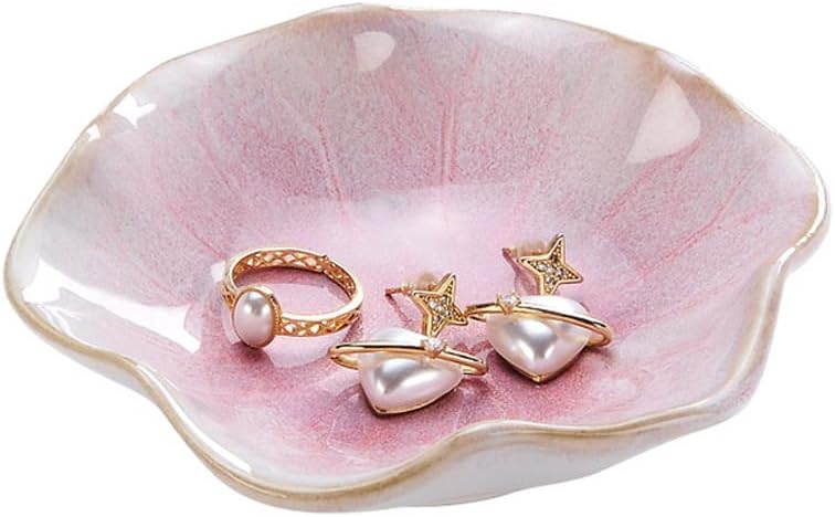 2PCS Lotus Leaf Shape Ring Holder Dish, Small Key Bowl, Ceramic Trinket Tray Jewelry Dish Organizing Necklace Earrings for Mom Friend Sister, All Jewelries Are NOT Included.Pink+Light Green.…