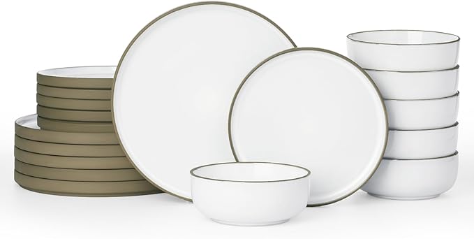 Famiware Nature Plates and Bowls Set, 18 Pieces Dinnerware Sets, Dishware Sets, Dishes Set for 6, Microwave and Dishwasher Safe, Snowy White