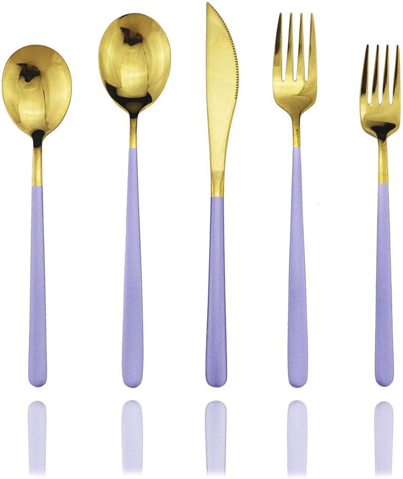 JASHII SUS304 Stainless Steel Flatware Cutlery Set For Home Kitchen Restaurant Hotel, Mirror Polished, 20-Piece Silverware Set for 4, Dishwasher Safe(Purple gold)