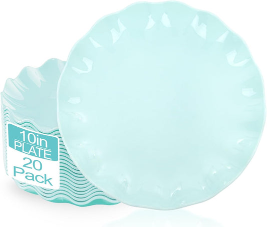 LIYH 20 Pcs 10 Inch Ice Blue Plastic Plates Reusable - Unbreakable Light Blue Scalloped Plastic Outdoor Plates Dishwasher Safe for Party