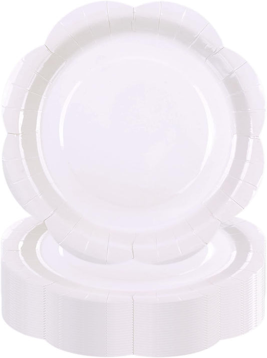 50 Pack White Paper Plates 7 Inch, Disposable Scalloped Plates Cake Dessert Plate for Dinner Baby Shower Wedding Bridal Shower Birthday Party Supplies (White, 7 inch)