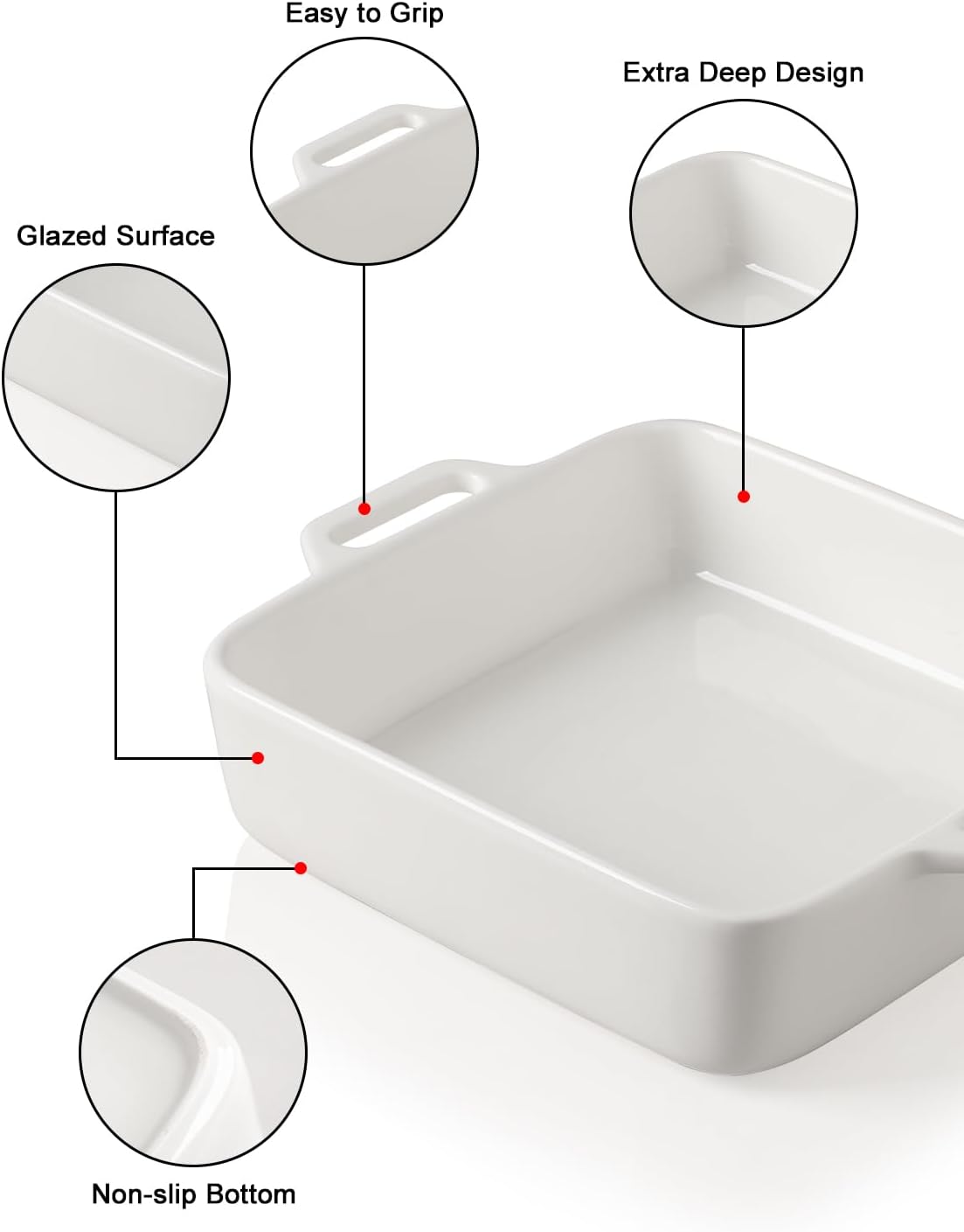 Sweejar 8x8 Baking Pan,Ceramic Casserole Dishes for Oven with Double Handles，2 QT Square Cake Baking Dish for Brownie,Lasagna,Casseroles,Family Dinner(White)