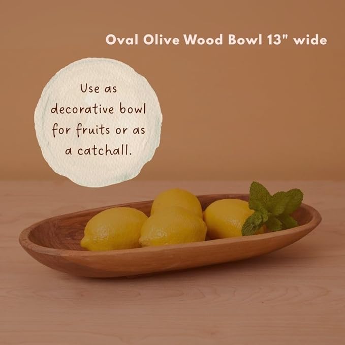 Rustic Olive Wood Bowl with Servers, Serving Dish for Salad, Pasta, Fruit, Kitchen Countertop Decor, Handcarved, 13 Inch Wide, Oval Shape, 3pcs