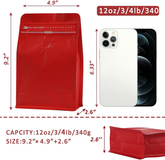 REMTAP Coffee Bags with Valve(50pcs,12oz) Red High Barrier Aluminumed Foil Flat Bottom Standing Coffee Beans Storage Bags,Reusable Heat Sealable Side Zipper Pouches for Home or Store