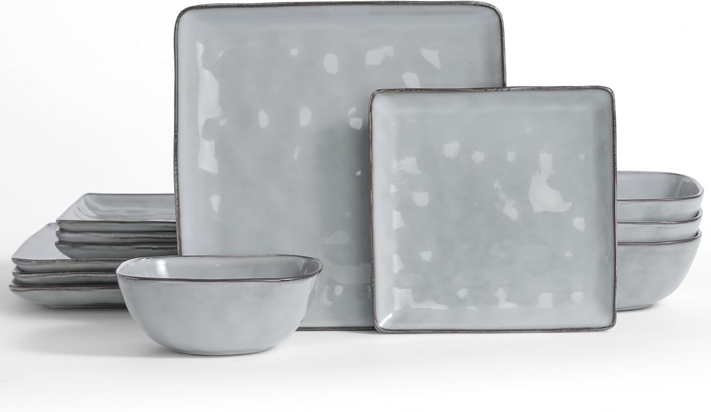 Famiware Dinnerware Sets for 4, Ocean Square 12-Piece Kitchen Plates and Bowls Sets, Reactive Glaze, Microwave and Dishwasher Safe, Scratch Resistant, Grey