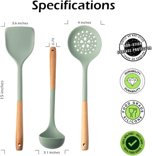 Set of 3 Kitchen Essentials Utensils Set of Silicone Spatulas 15 inches Large Heat Resistant 600F Cooking Baking Non Slip Handles Won't scratch Cookware, Turner Rubber Spatula Ladle Espatula (Green)