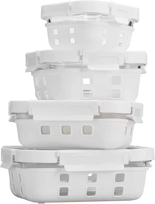 Glass Food Storage Meal Prep Containers - Food Grade Silicone Wrap & Air Release Vent, Rectangular shape - 8 Pc Set (4 Containers - 4 Matching Lids)