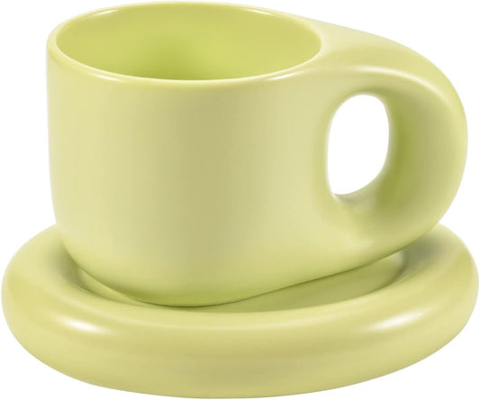 Koythin Ceramic Coffee Chubby Mug Saucer Set, Creative Cute Fat Handle Cup with Saucer for Office and Home, Dishwasher and Microwave Safe, 10 oz for Latte Tea Milk (Green)