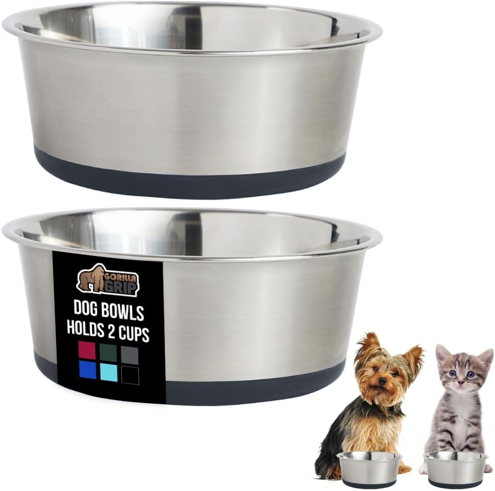GORILLA GRIP Set of 2 Dog Bowls, Heavy Duty Metal Food and Water Bowl for Feeding Dogs and Cats, Dishwasher Safe, Rust Resistant Stainless Steel, BPA Free Rubber Base, Holds 2 Cups (16 fl oz), Gray