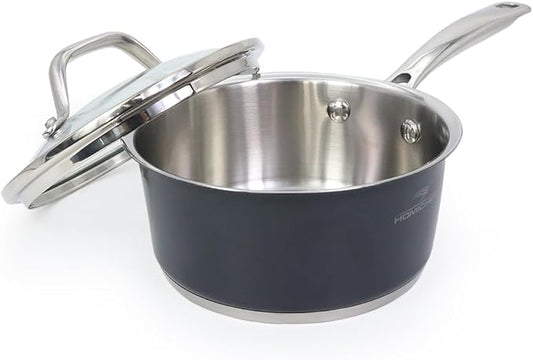 HOMICHEF 1 QT Nickel Free Stainless Steel Saucepan Coating Free - Navy Gray Healthy Non Toxic Small Pot Induction - Stainless Steel Saucepan with Glass Lid