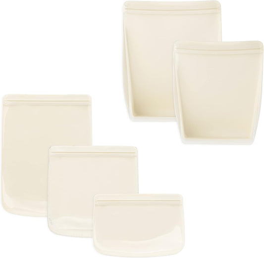 W&P Porter Silicone Reusable Storage Bags, Variety 5 Pack (10oz, 34oz, 46oz, 36oz, 50oz), Cream, Food Storage Container, Microwave and Dishwasher Safe, Easy Cleaning