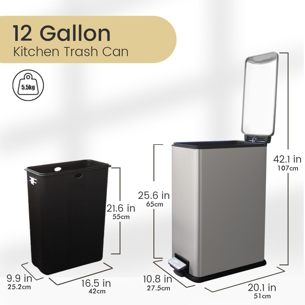 12 Gallon Trash Can with Lid，45L Kitchen Garbage Can,Stainless Steel Trash Can for Narrow Spaces with Soft-Close Lid, Inner Bucket, and Step-on Pedal