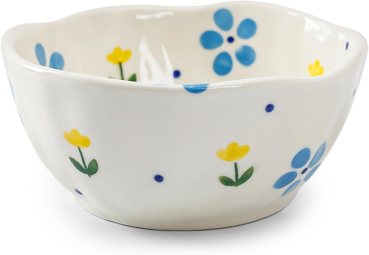 Koythin Ceramic Cereal Bowl, Cute Flowers Pattern Kitchen Bowls for Cereal, Salad, Pasta, Soup, Dessert, Serving, Home Decor, Microwave and Dishwasher Safe (Yellow Tulip)
