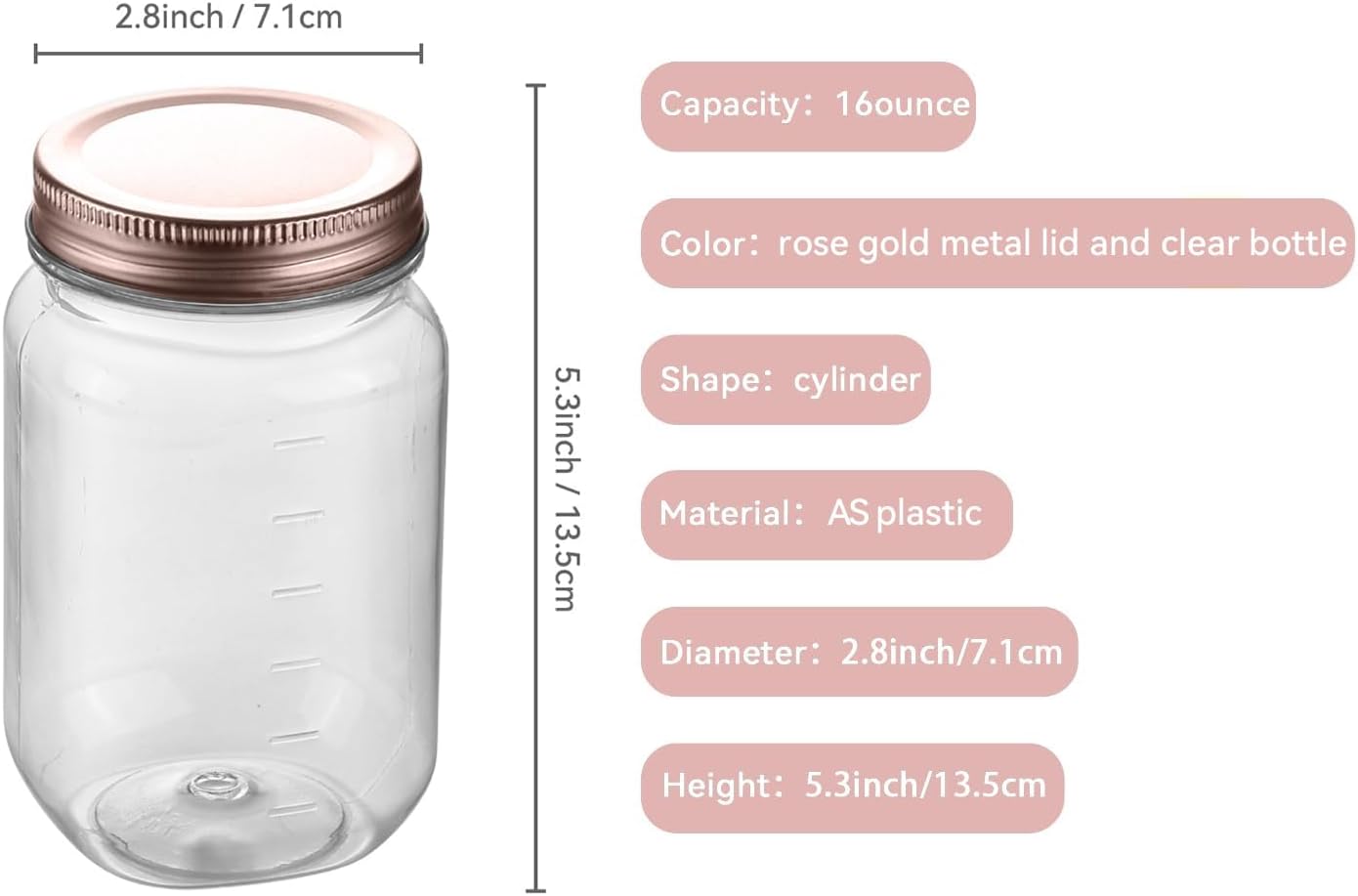 novelinks 16 oz Clear Plastic Jars with Screw-On Lids - BPA-Free Refillable Storage Containers for Slime, Food, Crafts, Kitchen & Household Use (10 Pack,Rose Gold)