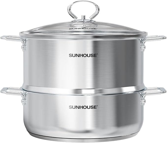 SUNHOUSE 2-Tier Stainless Steel Steamer Pot with Lid - Larger 5.5 QT Steamer & 3.8 QT Stockpot Base - Induction Ready, Compatible with All Cooktops - Multipurpose for Vegetables & Dumplings