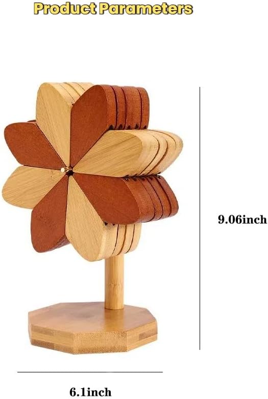Foldable Pinwheel Wooden Trivets for Hot Dishes,Natural Pinwheel Shape Trivets Set with 4 Pads and 1 Stand for Pot,Bowl,Teapot, Easy Storage Windmill Design Kitchen Decor‌