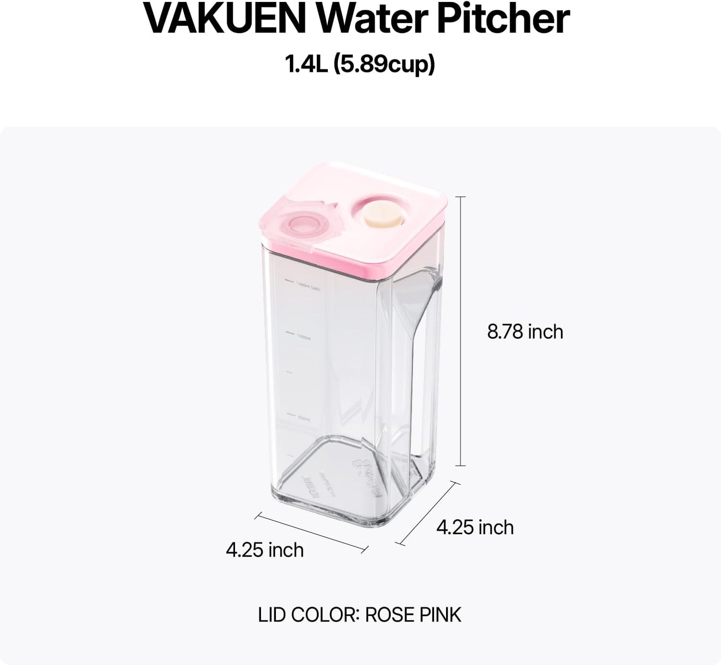 VAKUEN Premium Airtight Water Pitcher ROSE Pink lid, 1.4L(1.48qt) 1pcs, Airtight seal and Vacuum, Leak-free, BPA-free
