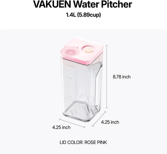 VAKUEN Premium Airtight Water Pitcher ROSE Pink lid, 1.4L(1.48qt) 1pcs, Airtight seal and Vacuum, Leak-free, BPA-free