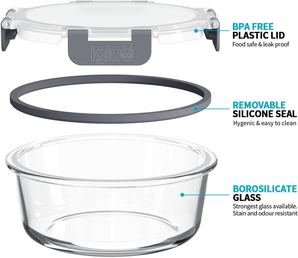 Igluu Meal Prep Round Glass Containers with Lids Airtight - Glass Food Storage Containers - Reusable Microwave, Freezer to Oven Safe BPA-free Lunch Box (10 Containers & 10 Lids) 32 oz & 13.5 oz