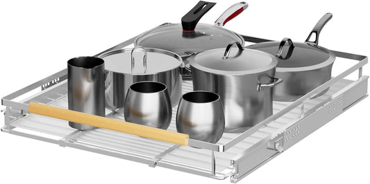 Pull Out Cabinet Organizer Expandable Slide Out Kitchen Cabinet Drawer Heavy Duty Stainless Steel Storage Shelf Rack for Base Cabinet Pantry Closet Under Sink Divider Organization