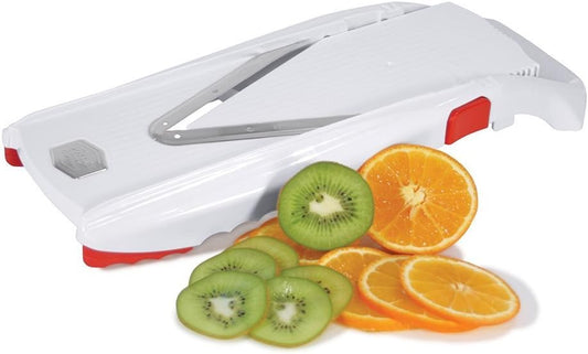 Swissmar Börner VPower V-Slicer Mandoline – Professional Kitchen Tool with Adjustable Thickness – Precision Food Slicer for Vegetables, Julienne, Shredding – Includes Safety Holder & Inserts - White