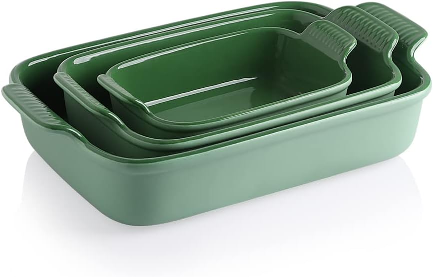 Sweejar Baking Pans Set, Ceramic 9x13 Baking Dish with Handle, Rectangular Casserole Dishes for Oven, Bakeware Sets of 3, Durable Lasagna Pan Deep for Kitchen, Banquet, Wedding Gift(Green)