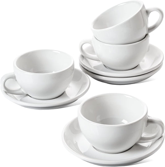 LE TAUCI 8 oz Cappuccino Cups with Saucers, Heavyweight Ceramic Large Coffee Cup for Au Lait, Double shot, Latte, Cafe Mocha, Tea - Dishwasher Safe, Set of 4, White