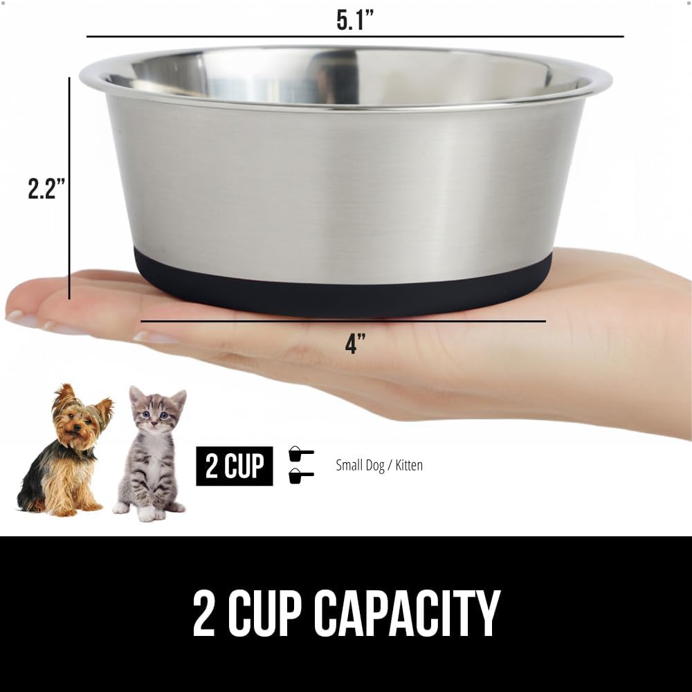 GORILLA GRIP Set of 2 Dog Bowls, Heavy Duty Metal Food and Water Bowl for Feeding Dogs and Cats, Dishwasher Safe, Rust Resistant Stainless Steel, BPA Free Rubber Base, Holds 2 Cups (16 fl oz), Black