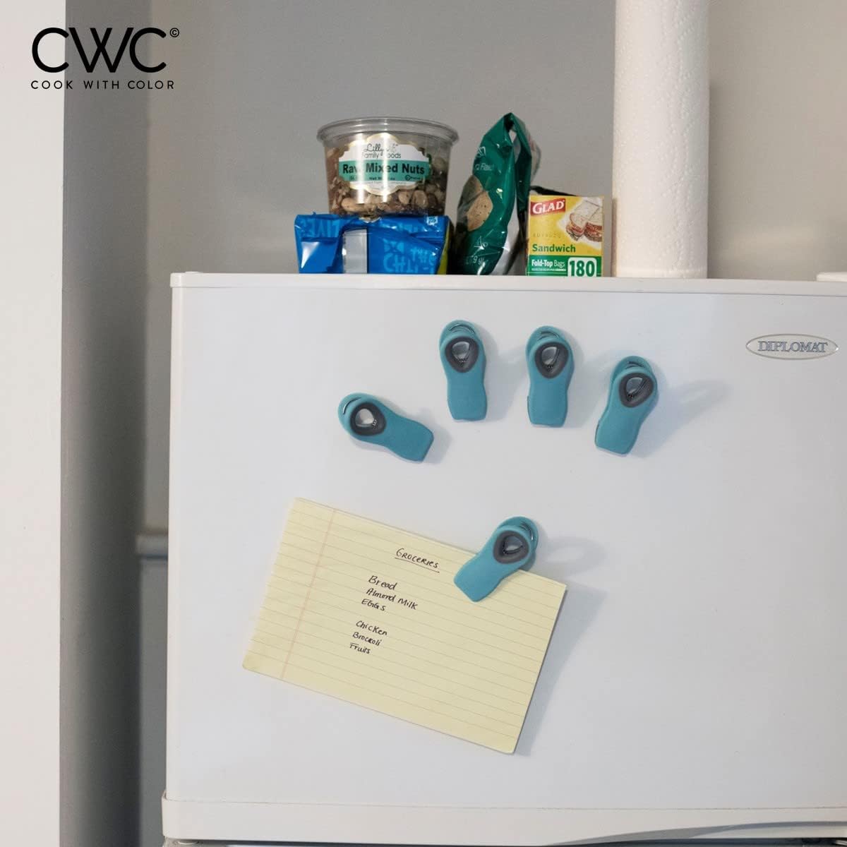 COOK WITH COLOR Bag Clips with Magnet- Food, Chip and Bag Clips for Food Storage with Airtight Seal Grip for Bread Bags, Snack Bags and Food Bags (Teal, Pack of 10)